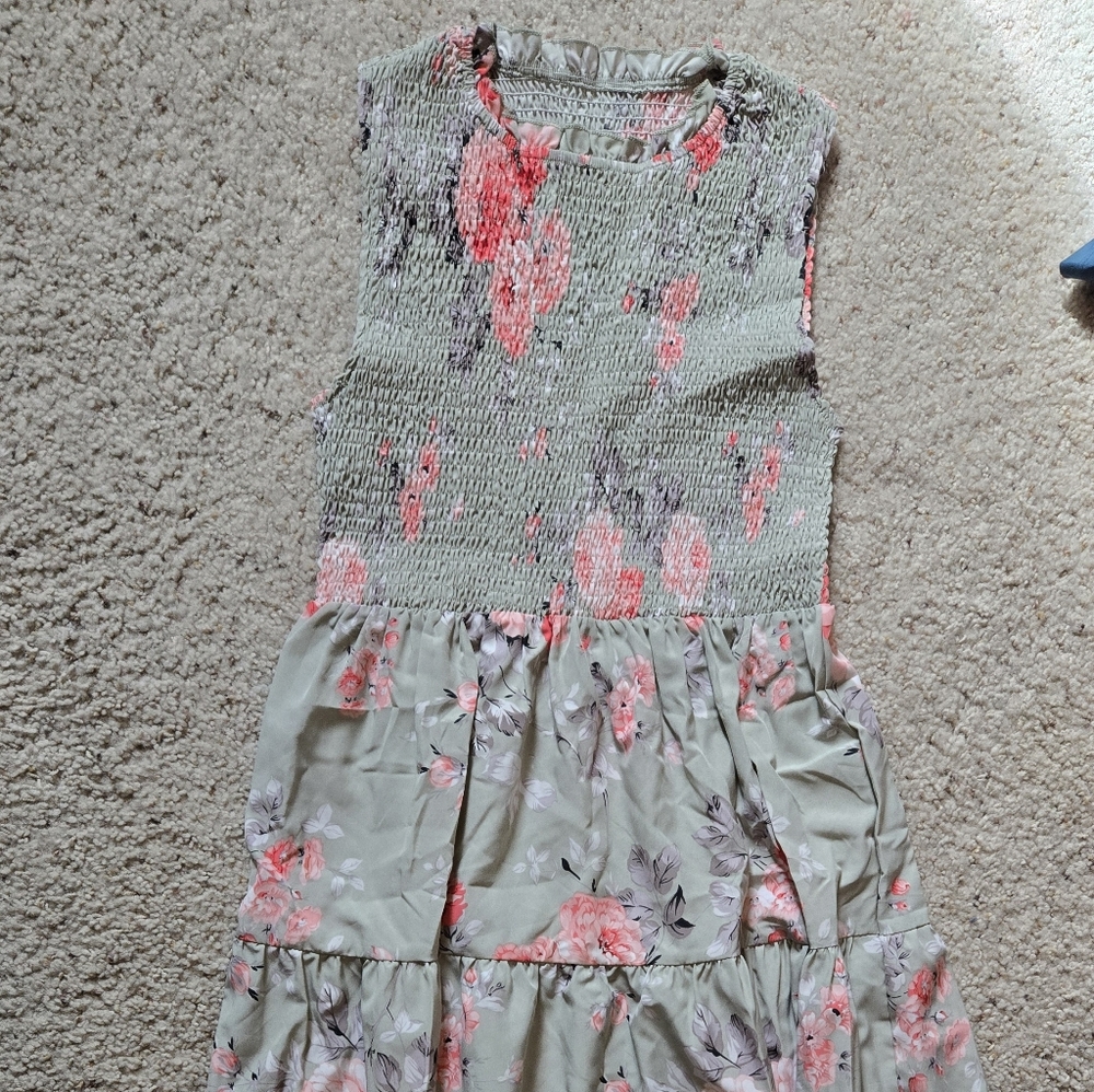 Sleeveless Floral Midi Dress in Sage Green and Coral
